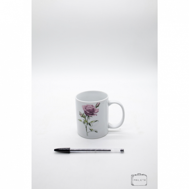 CANECA CERÂMICA BRANCA COM FLOR ROSA