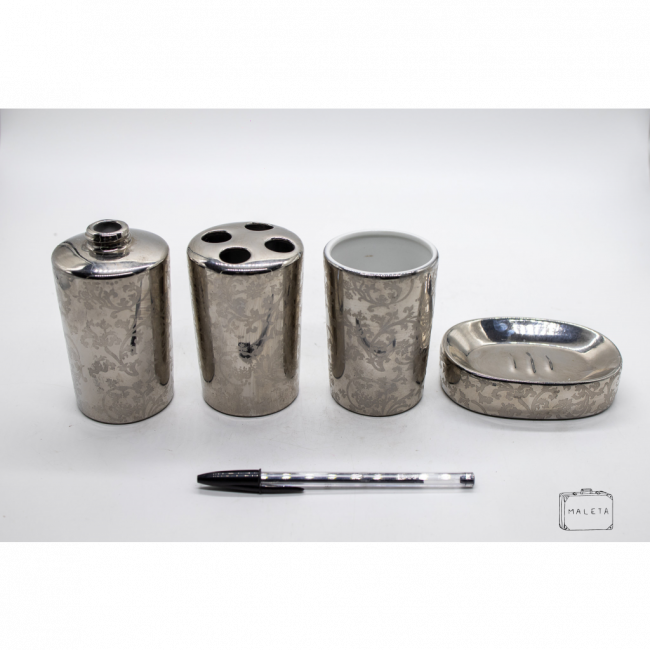 CONJUNTO BANHEIRO CERÂMICA CROMADA ESTAMPADA (04 PEÇAS)