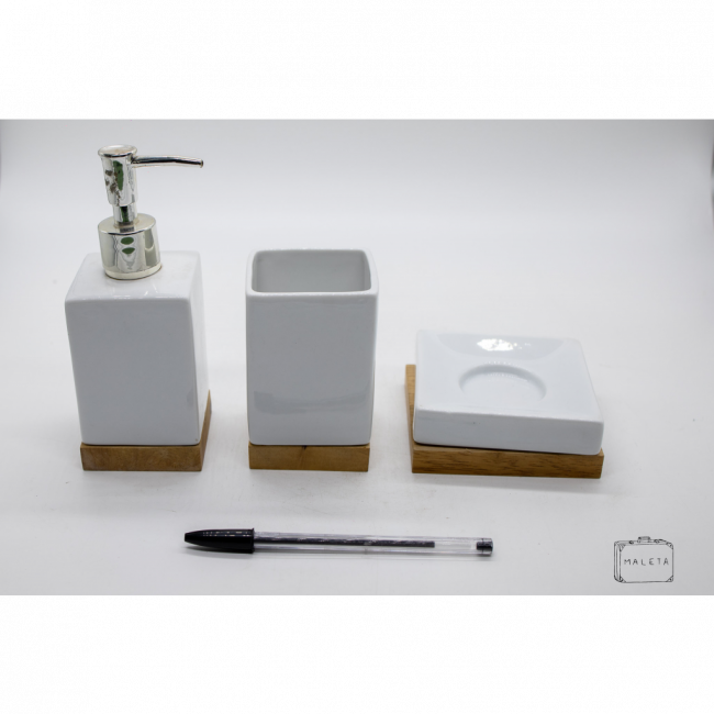 CONJUNTO BANHEIRO CERÂMICA BRANCO DETALHE INFERIOR BAMBU (03 PEÇAS)