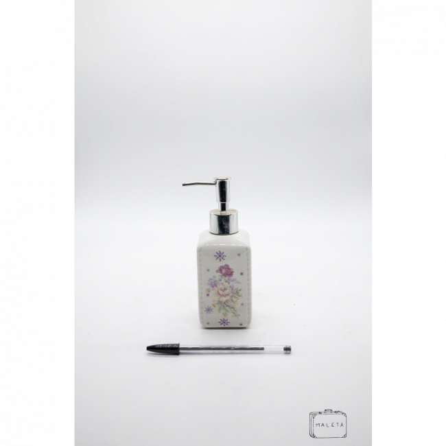 PORTA-SABONETE LÍQUIDO CERÂMICA BRANCO ESTAMPA FLORAL