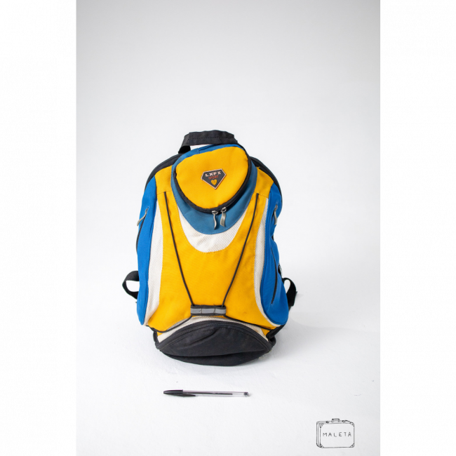 MOCHILA PRETA DETALHES AZUL E AMARELO