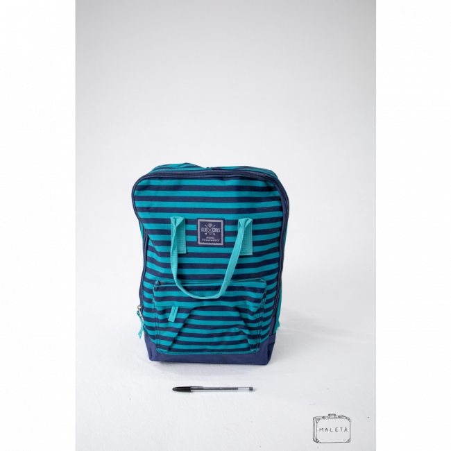 MOCHILA AZUL LISTRAS VERDES
