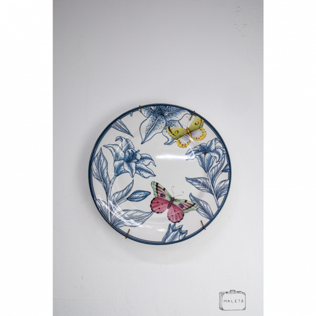 PRATO DECORATIVO FOLHAGEM AZUL COM BORBOLETA