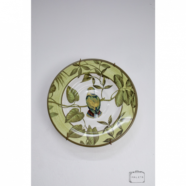 PRATO DECORATIVO PÁSSARO VERDE COM FOLHAS