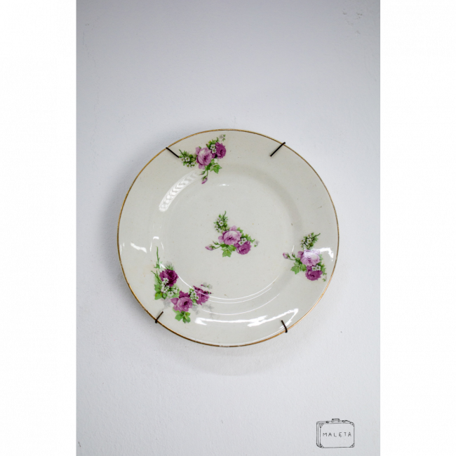 PRATO DECORATIVO FLORES ROSAS COM BORDAS DOURADAS
