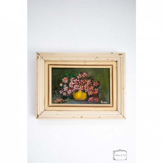 QUADRO VASO AMARELO COM FLORES ROSAS - 32X24