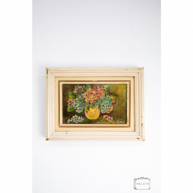 QUADRO FLORES AZUIS E ROSAS VASO AMARELO - 32X24