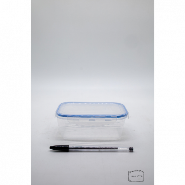 POTE PLÁSTICO RETANGULAR TRANSPARENTE COM BORRACHA AZUL