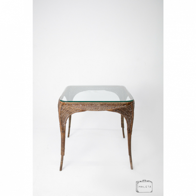 MESA QUADRADA MADEIRA TRANÇADA TAMPO VIDRO - L0,75XP0,75XA0,75