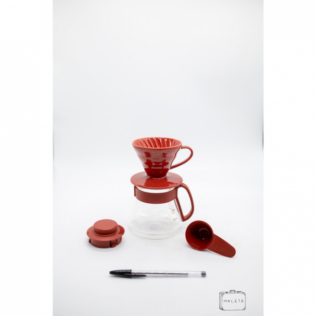 BULE VIDRO + PASSADOR CERÂMICA + MEDIDOR DE CAFÉ VERMELHO (QUATRO PEÇAS)
