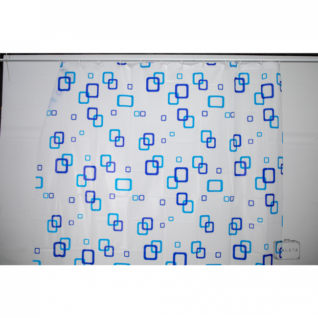 CORTINA DE BOX PLÁSTICO JATEADA ESTAMPA QUADRADOS AZUL - 1,77X1,80