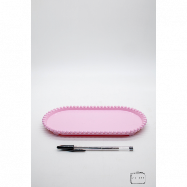 BANDEJA ACRÍLICO OVAL ROSA CLARO BORDA DE BOLINHAS