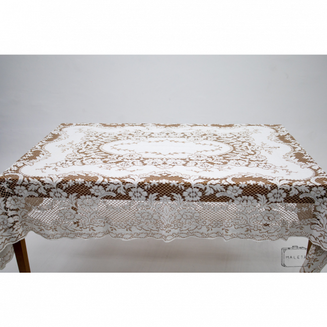 TOALHA DE MESA RENDA BRANCA DETALHES MARROM - 2,12X1,45