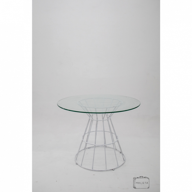 MESA TAMPO VIDRO BASE FERRO ARAMADO BRANCA - D1,00XA0,76