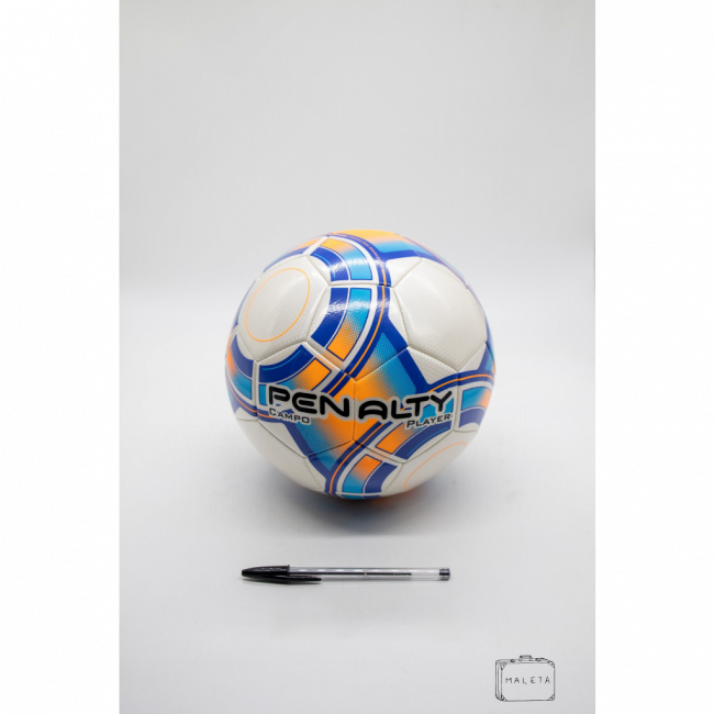 BOLA DE FUTEBOL PENALTI BRANCA DETALHES AZUL E LARANJA - LS
