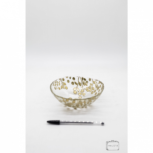 BOWL DE VIDRO COM ESTAMPA DE FOLHAS DOURADAS - MÉDIO