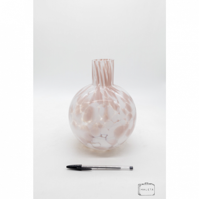 VASO DE VIDRO ROSA COM DETALHES BRANCOS