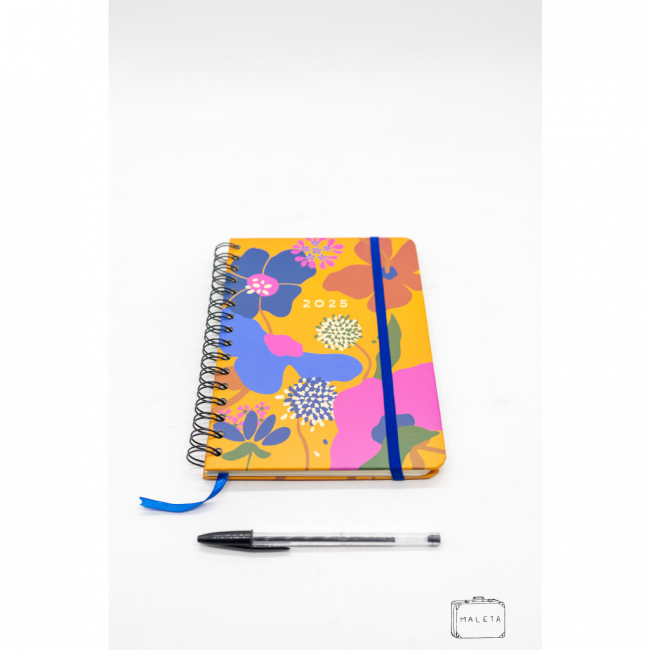 CADERNO A5 LARANJA COM ESTAMPA DE FLORES E ESPIRAL