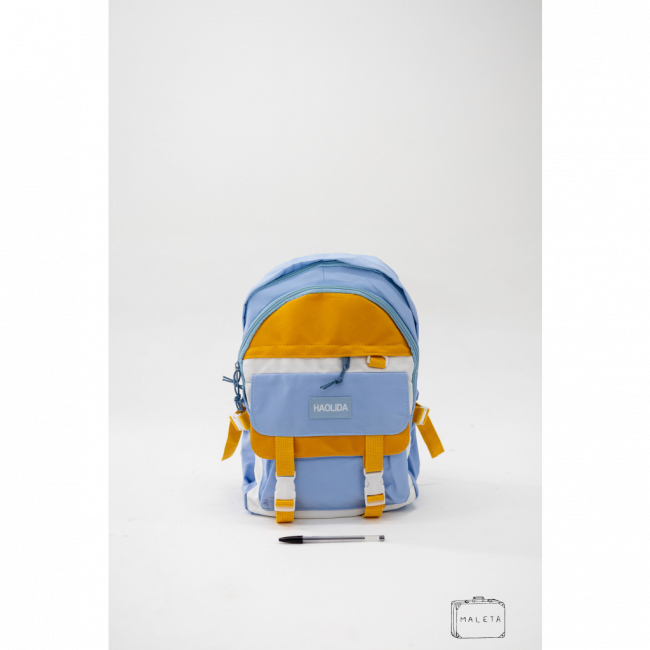 MOCHILA TACTEL AZUL/BRANCA/AMARELA