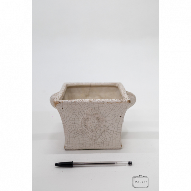 CACHEPÔ DE CERÂMICA BRANCO CRAQUELADO COM ALÇA