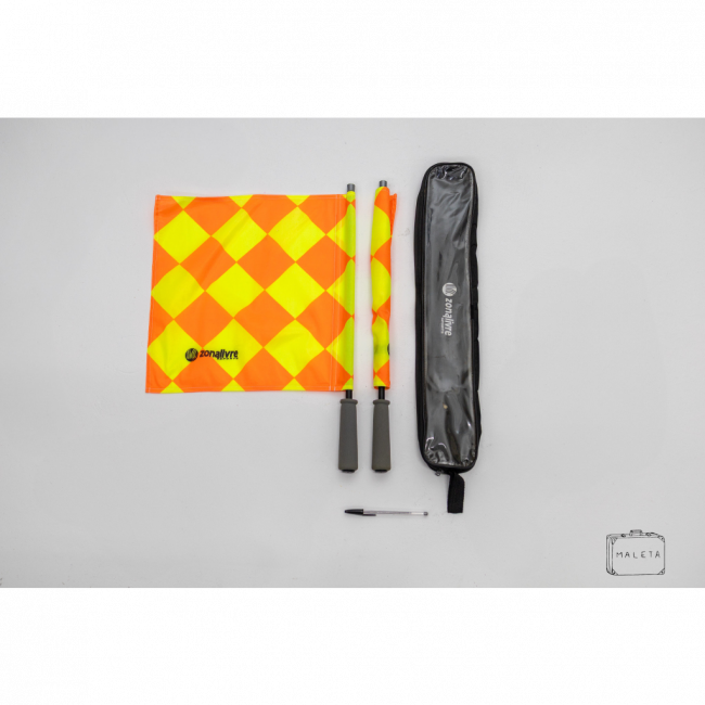 KIT COM 02 BANDEIRINHAS DE ÁRBITRO (LARANJA/AMARELO) CABO CINZA COM CASE (03 PEÇAS)