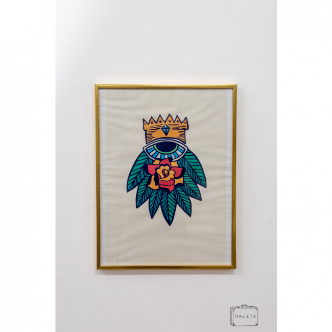 QUADRO OLHO COM COROA E PENAS VERDES - 31X41