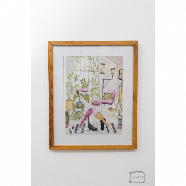 QUADRO MULHER FAZENDO YOGA E GATINHO - 43X53