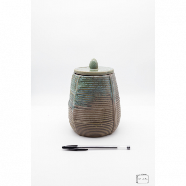 VASO DE CERÂMICA COM TEXTURA VERDE DEGRADÊ MARROM COM TAMPA