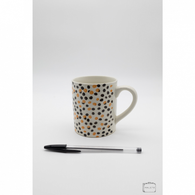 CANECA CERÂMICA OFFWHITE ESTAMPA BOLINHAS AMARELA E MARROM - LS