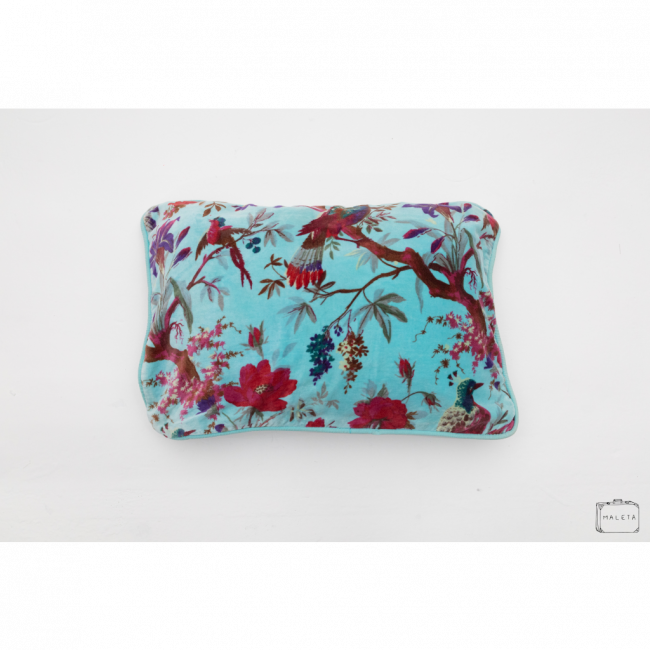 ALMOFADA VELUDO AZUL ESTAMPA FLORES - 50X35