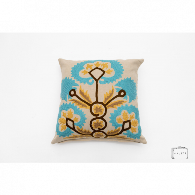 ALMOFADA BEGE ESTAMPA AZUL/AMARELA - 45X45
