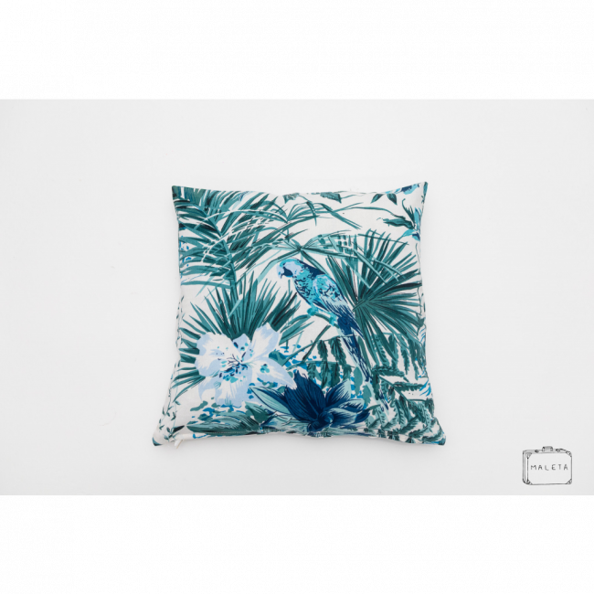 ALMOFADA BRANCA FOLHAGEM + PÁSSARO AZUL - 45X45 