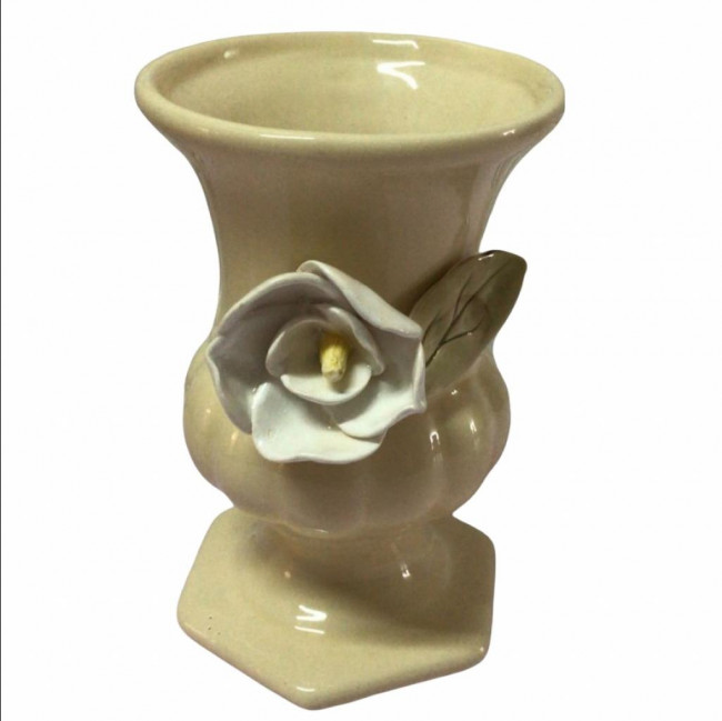 VASO DE LOUÇA COM APLIQUE FLORAL BEGE M