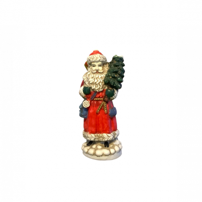 PAPAI NOEL C/ PRESENTES E ÁRVORE NA MÃO PORCELANA VERMELHO E BRANCO (D 8 CM | A 20 CM)