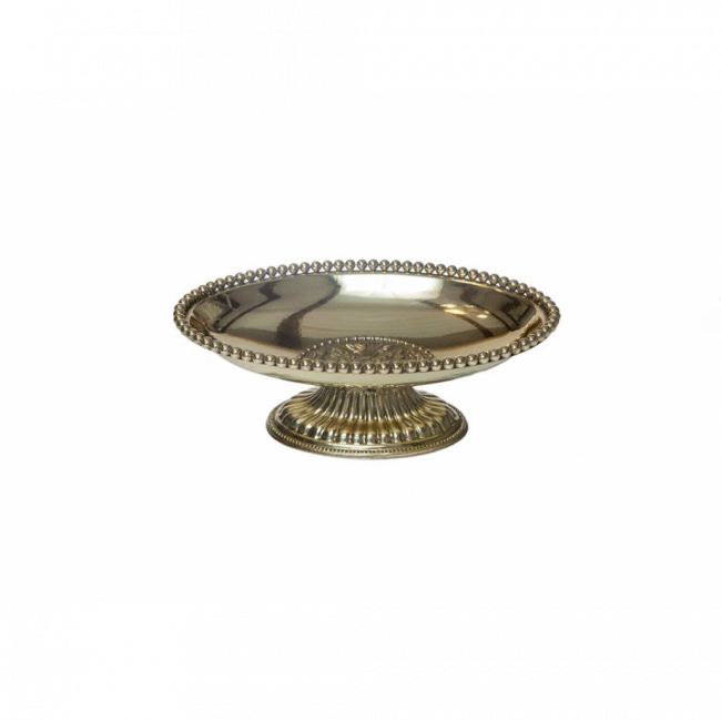 FRUTEIRA OVAL C/ PÉ E BORDA C/ BOLINHAS METAL DOURADO (C 25 CM | L 16 CM | A 9 CM)