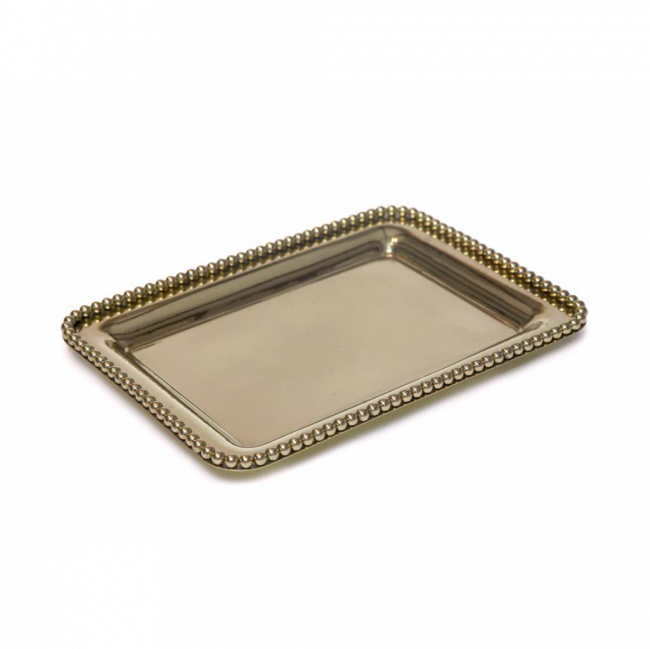 BANDEJA RETANGULAR BORDA C/ BOLINHAS METAL DOURADO (C 28 CM | L 20 CM | A 2 CM)