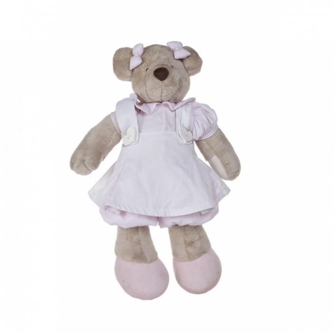 URSINHA PELÚCIA VESTIDO ROSA E MACACÃO BRANCO C/ CORAÇÕESBEGE