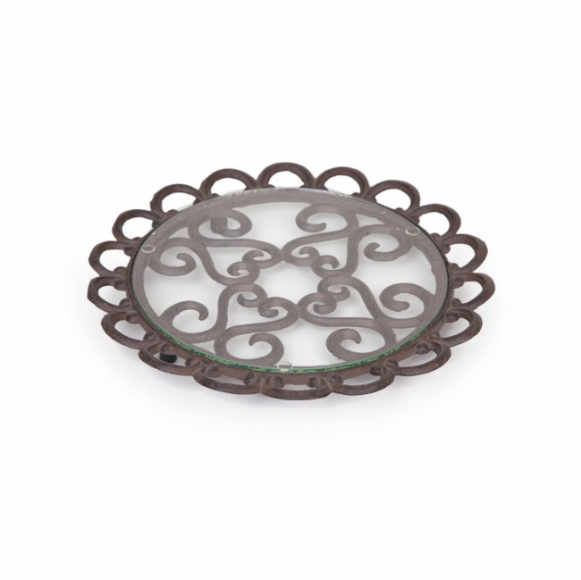 BANDEJA REDONDA FERRO E VIDRO MARROM (D 28 CM | A 3 CM)