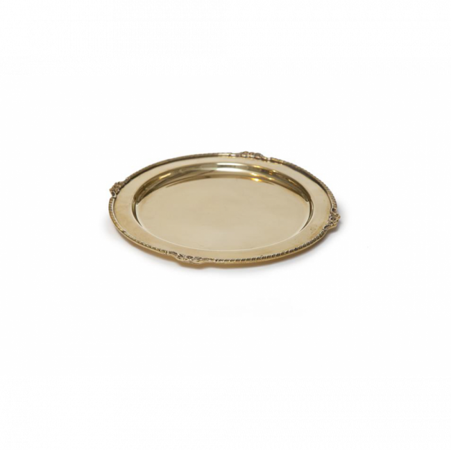 BANDEJA REDONDA BORDA CORDINHA C/ 4 FLORES METAL DOURADO ENVELHECIDO (D 23 CM | A 2 CM)