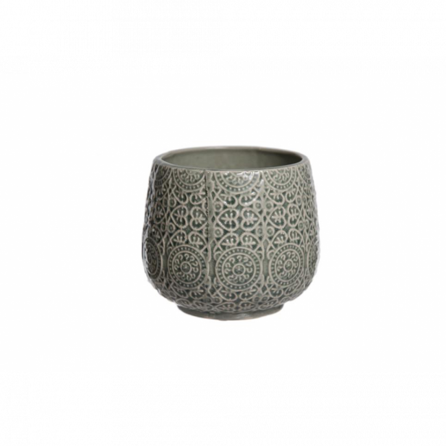 VASO RÚSTICO RELEVO ARABESCO CERÂMICA VERDE ÁGUA TAM P