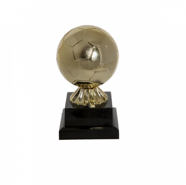 TROFÉU BOLA DE FUTEBOL ACRÍLICO PRETO E DOURADO (C 7 CM | L 7 CM | A 14 CM)