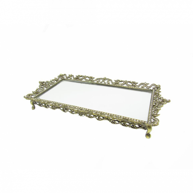 BANDEJA ANTIQUE RETANGULAR METAL ESPELHADA C/ STRASS NA BORDA (C 39 CM | L 20 CM | A 5 CM)