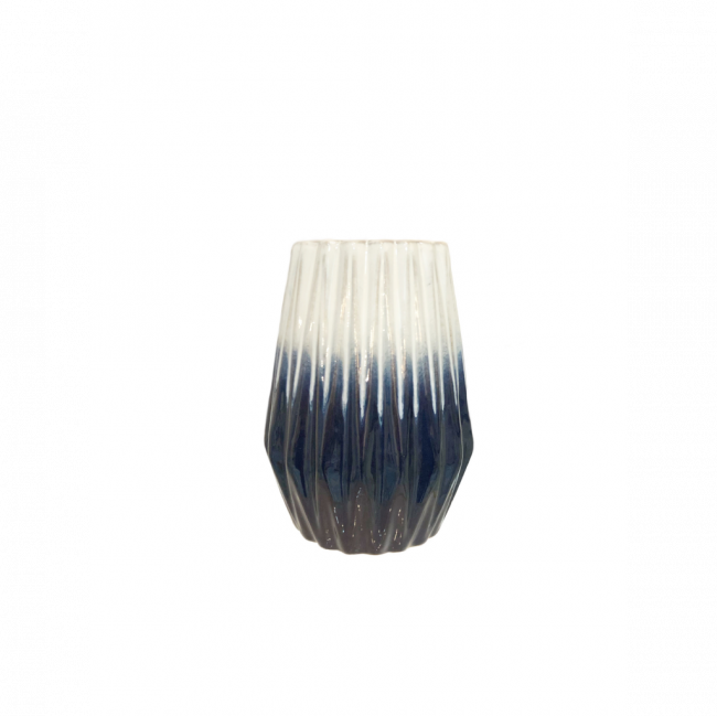 VASO MARINE CANELADO CERÂMICA BRANCO E AZUL TAM M