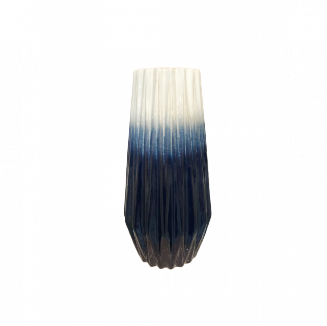 VASO MARINE CANELADO CERÂMICA BRANCO E AZUL TAM G