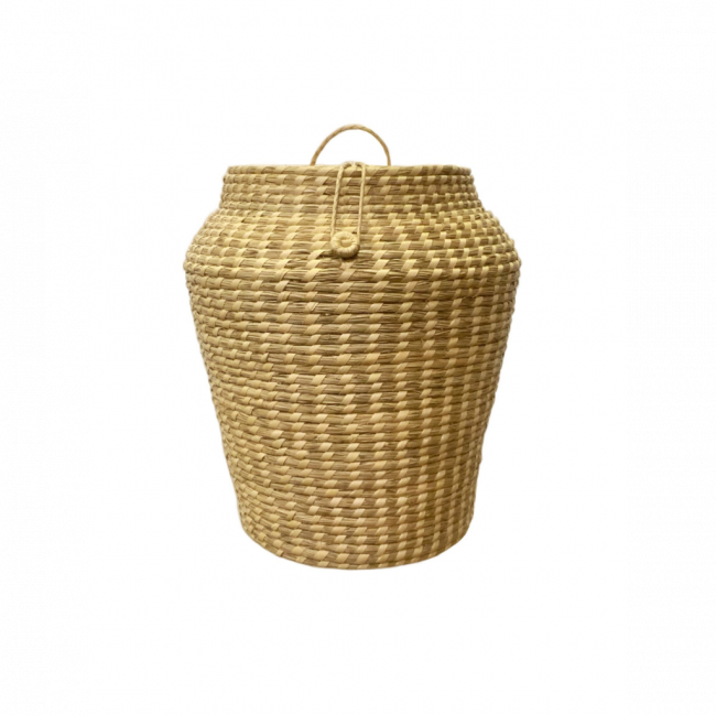 CESTA REDONDA ALTA C/ TAMPA PALHA DE TABOA BEGE (D 20 CM | A 30 CM)
