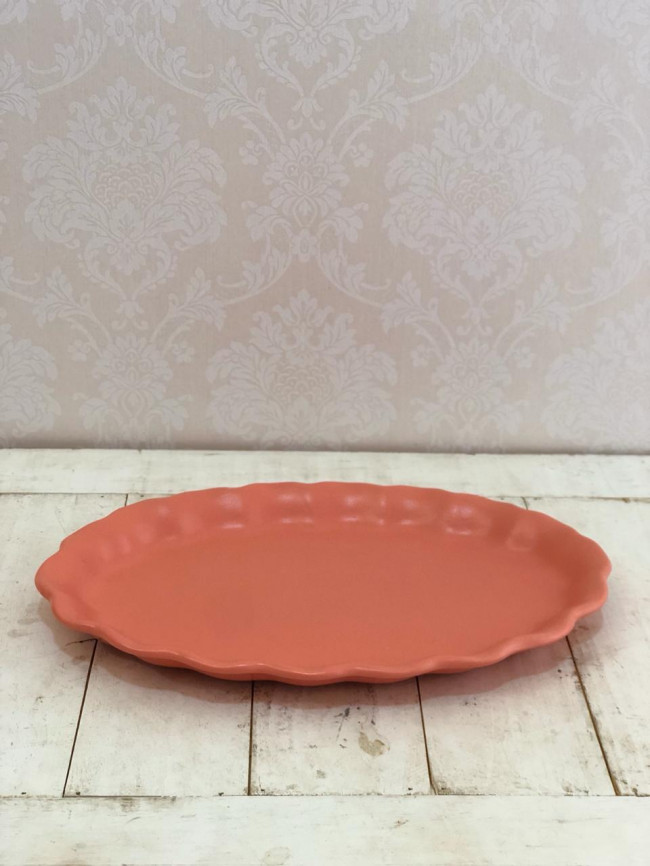Bandeja Doce Babado Médio Oval Coral - C37,5 x L24 x A3