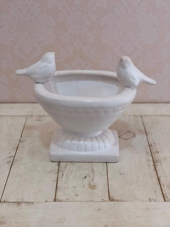 Vaso Pássaros Baixo Oval Branco - D21 x A16