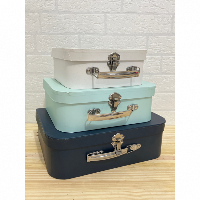 Trio de maletas - azul escuro, branco e azul claro