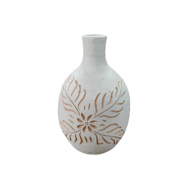 Vaso barro tipo garrafa com flores