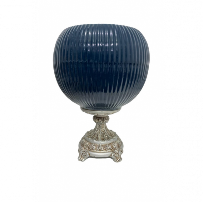 VASO LUXO AZUL GORDO BASE PRATA 28A X 17C CM CERÂMICA
